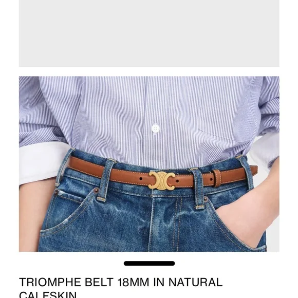 CELINE Tan Leather Slim Belt with Gold Triomphe Buckle, size 90 - Picture 7 of 8